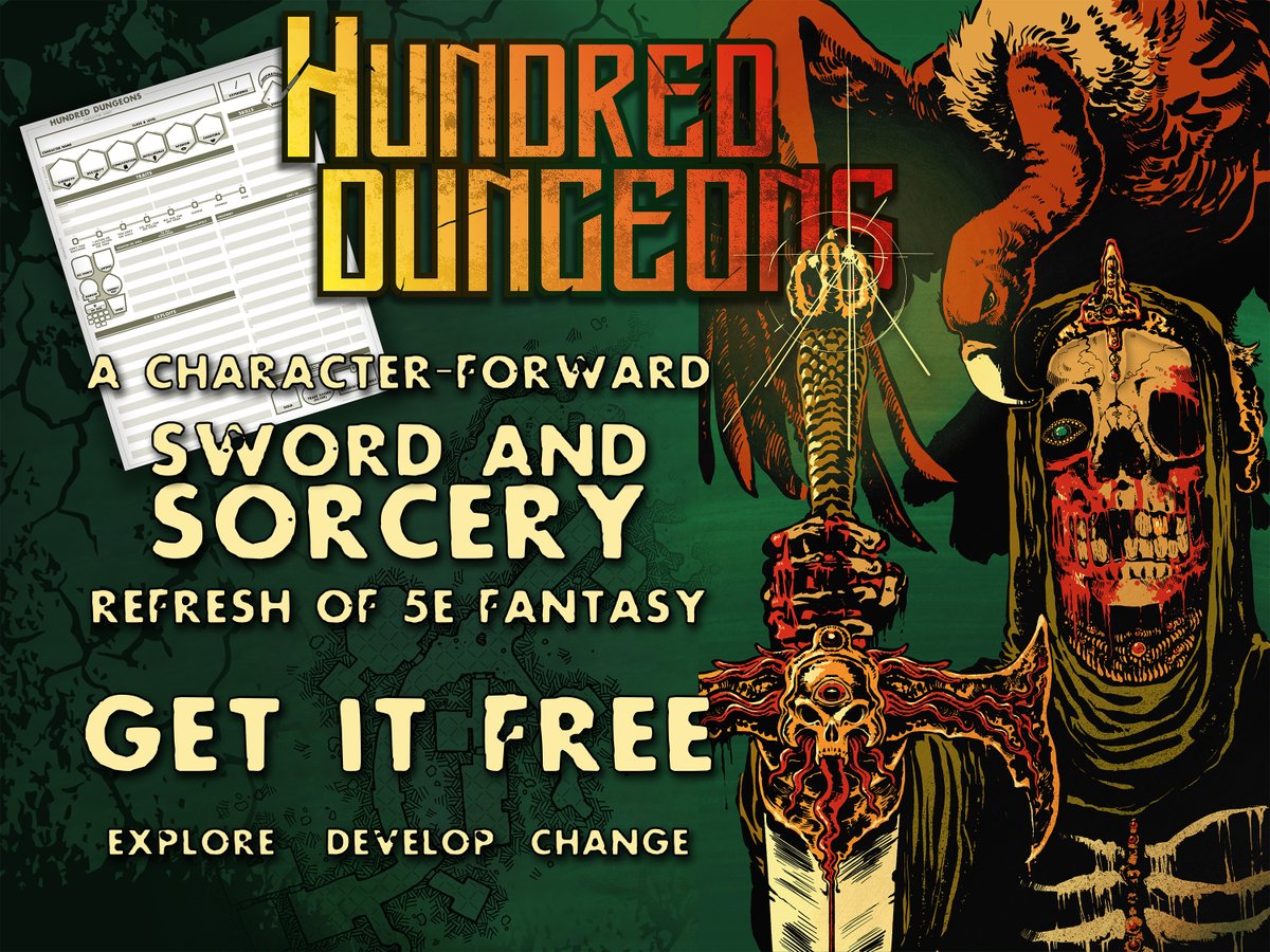 Hundred Dungeons is coming this week to DriveThruRPG and Itch!

Dive into a FREE sword-and-sorcery hack of #dnd5e that puts character choices and exploration back front and center.

Sleek, streamlined presentation, quick start, and a blend of old- and new-school

#HundredDungeons