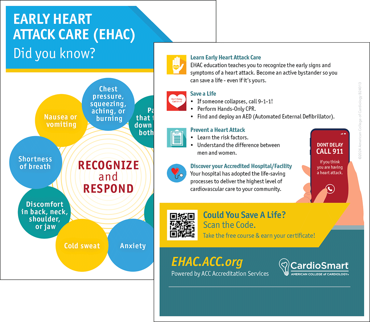 ACCinTouch's tweet photo. ACC's #EHAC program aims to educate individuals about the early signs of heart attack so that they can detect symptoms &amp; intervene, preventing heart damage &amp; even death due to a major CV event.

Learn more: https://t.co/ysFIb11pGG

#SCAMonth #SuddenCardiacArrest https://t.co/Rz68yNyTYW