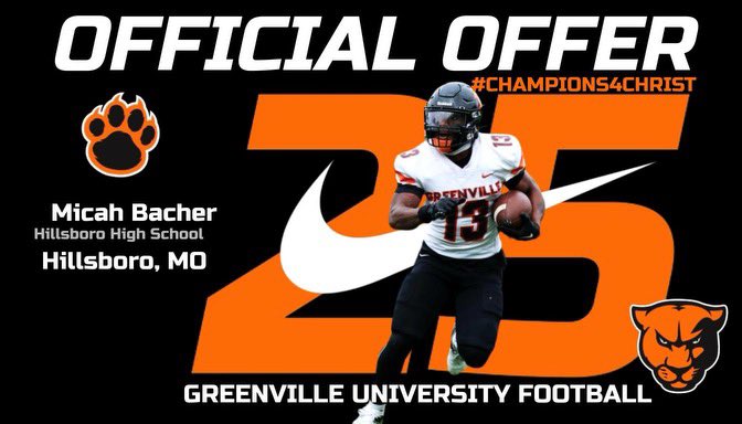 Micah Bacher (@micahbacher) on Twitter photo After a great game day visit and conversation with <a href="/CoachTenenoff/">Lee Tenenoff II</a> and <a href="/Coachschomaker/">Robbie Schomaker</a> I’m excited to announce I have received my third offer from <a href="/EMAPFootball/">Greenville University Football</a>!
<a href="/HHS_Athletics/">HHS Athletics</a> <a href="/HHS_Footballers/">Hillsboro Hawks Football🏈</a> <a href="/6starfootballMO/">Six Star Football | MISSOURI</a> <a href="/PrepRedzoneMO/">Prep Redzone Missouri</a> After a great game day visit and conversation with <a href="/CoachTenenoff/">Lee Tenenoff II</a> and <a href="/Coachschomaker/">Robbie Schomaker</a> I’m excited to announce I have received my third offer from <a href="/EMAPFootball/">Greenville University Football</a>!
<a href="/HHS_Athletics/">HHS Athletics</a> <a href="/HHS_Footballers/">Hillsboro Hawks Football🏈</a> <a href="/6starfootballMO/">Six Star Football | MISSOURI</a> <a href="/PrepRedzoneMO/">Prep Redzone Missouri</a>