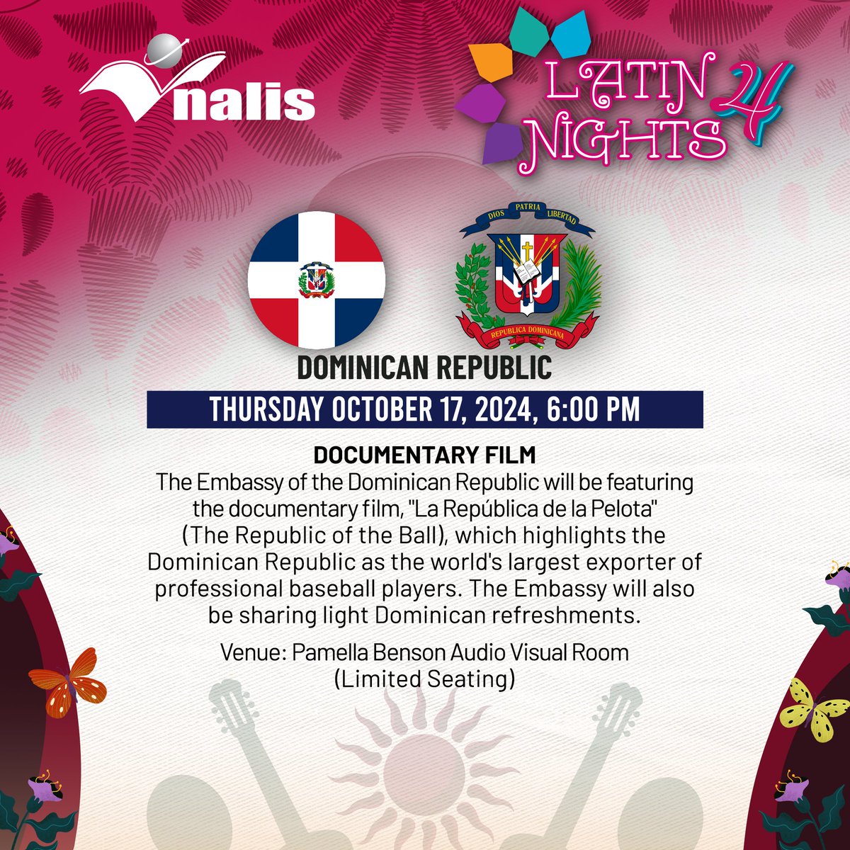 RDenTrinidadyT's tweet photo. Desde la Embajada de la República Dominicana en Trinidad y Tobago, nos complace extender una cordial invitación a  a la Cuarta Edición de las Noches Latinas en NALIS.⁣⁣⁣ https://t.co/GYphDv5nf1