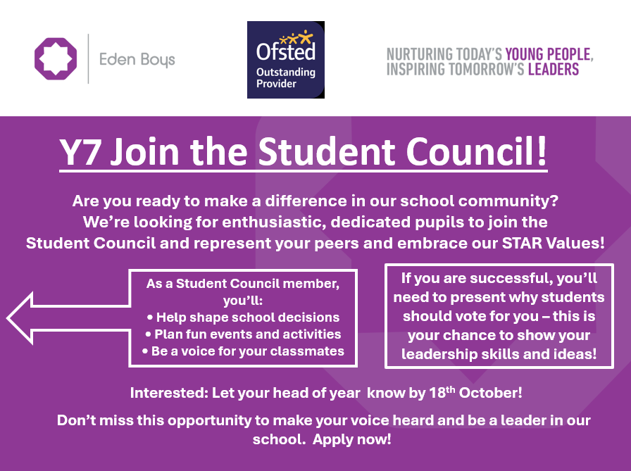 edenboysbolton's tweet photo. Exciting opportunity! We're looking for passionate Year 7 students to join the Student Council and make a difference! #StudentCouncil #Laedership #WeAreStar https://t.co/OIbgf53wXh