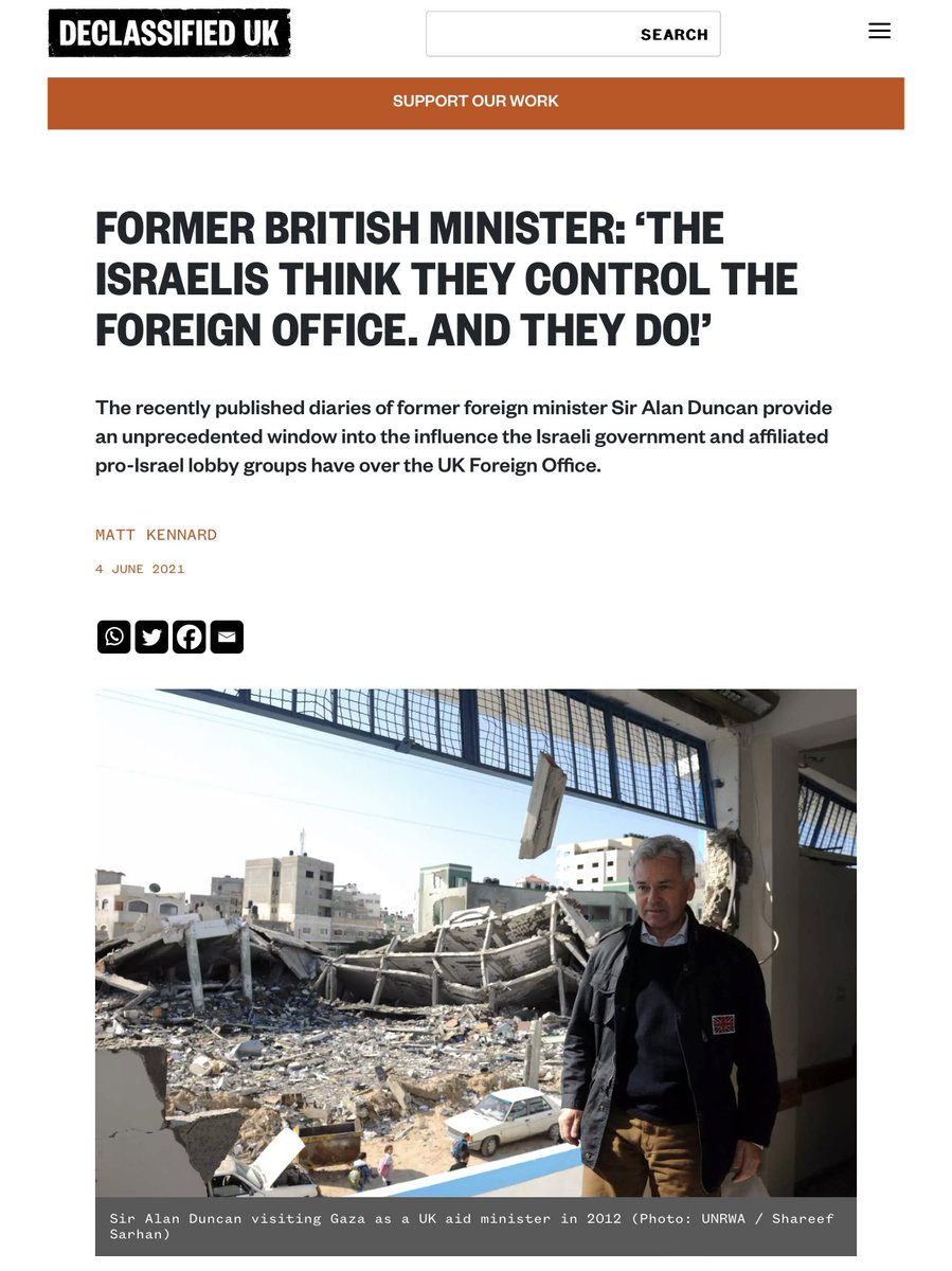 A former British foreign minister said the Israelis control the UK Foreign Office.

It amounts to “entrenched espionage”, he added.

Not a single UK paper reported it.

We need a wide-ranging public inquiry into how our political system was hijacked by a genocidal foreign power.