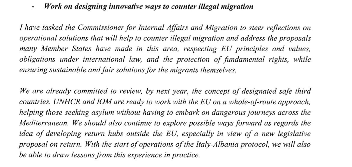 Ecco qui ciò vi ho anticipato la settimana scorsa: il sì di #VonDerLeyen al ‘modello Albania’ sui #migranti.

Qui l’estratto della lettera della presidente ai leader Ue in vista del Consiglio europeo di giovedì prossimo 👇