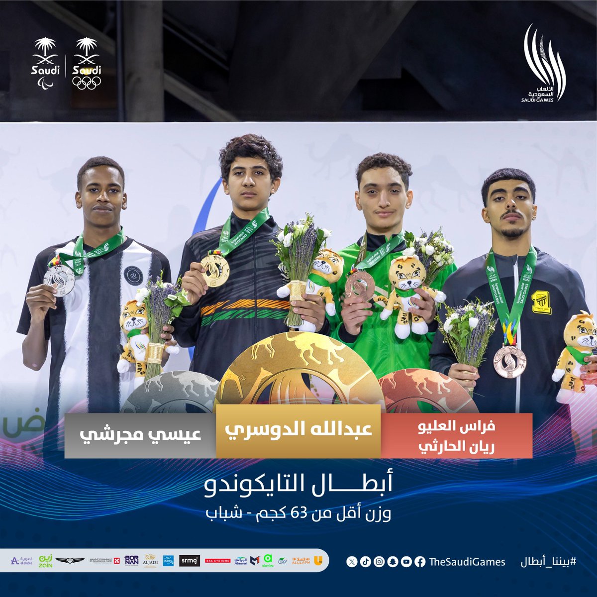 تتويج أبطال التايكوندو 🥋🔥

وزن (-63) كجم - شباب  

🥇 ذهبـية | عبدالله الدوسري
🥈 فضـية | عيسى مجرشي
🥉 برونزيـة | فراس العليو - ريان الحارثي 

#دورة_الألعاب_السعودية 2024 | #بيننا_أبطال