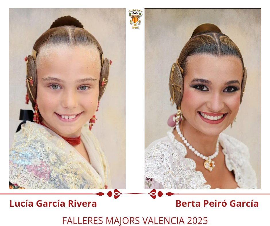 FallaLaPalmera's tweet photo. Des de l'A.C. Falla La Palmera, volem donar l'enhorabona a Lucía García Rivera i Berta Peiró García, Fallera Major Infantil i Fallera Major de València per a les falles 2025.

#palmeritosinfantils #falles2025 #fallalapalmera #monfaller  #fallesvalencia #JCF @JCF_Valencia https://t.co/uZJozw65sF