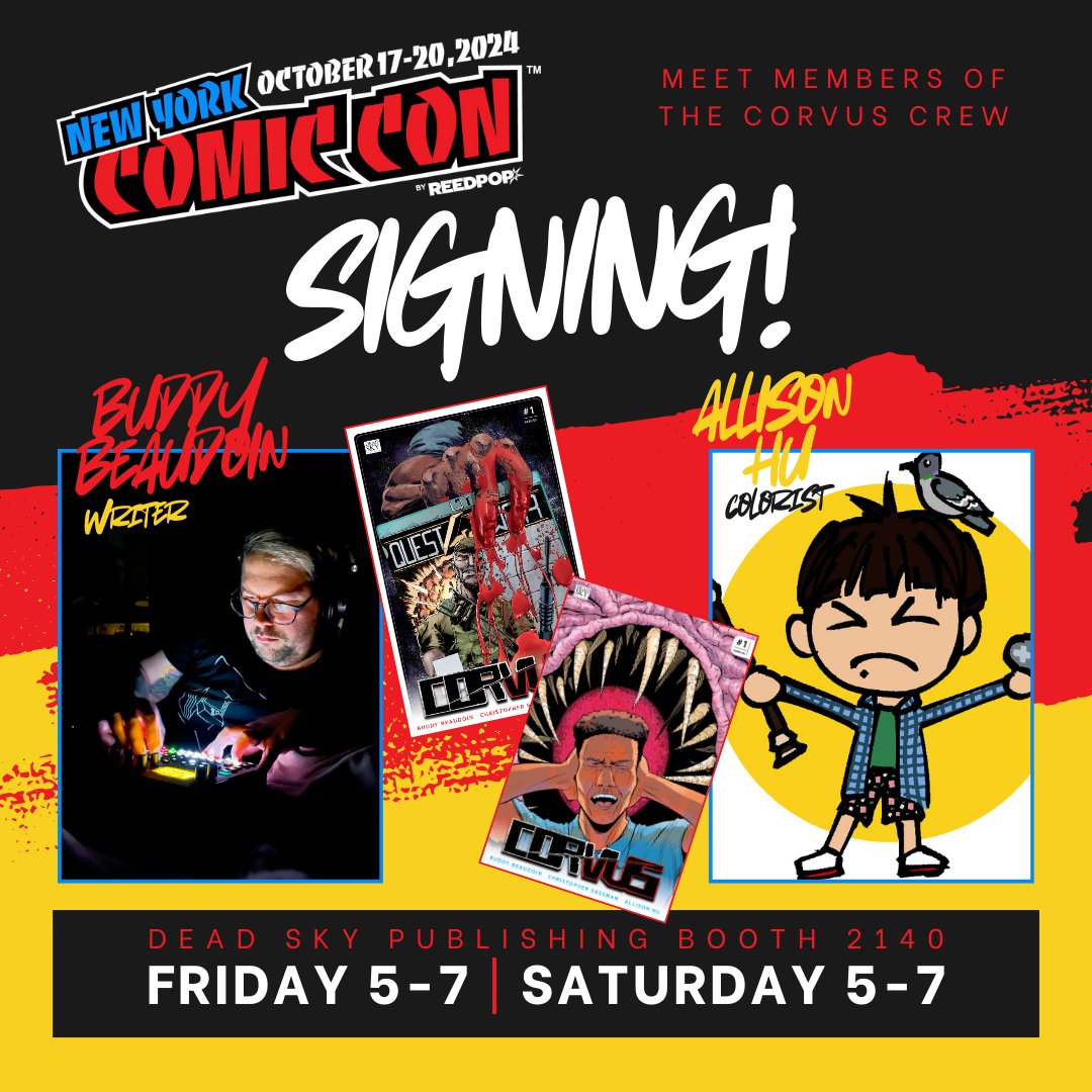 DEAD SKY PUBLISHING takes Manhattan 2024!

We're going to be setting up shop at <a href="/NY_Comic_Con/">New York Comic Con</a>  this Thursday through Sunday! 🤘

We'll have books, comics, and signings galore! 

We'll also be giving away FREE COMICS, that's right, FREE! [Thursday Only]

You don't wanna miss this!