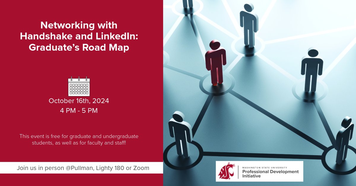 Hey Cougs! 💻🤝
Looking to expand your professional network? Join us on October 16th from 4-5 PM to learn how to leverage Handshake and LinkedIn to connect with employers and discover job opportunities!

Learn more: gradschool.wsu.edu/pdi/event/netw…

#WSUGradSchool #GoCougs