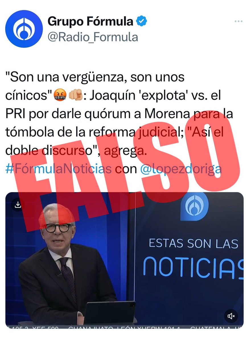 PRI (@pri_nacional) on Twitter photo ¡MIENTE <a href="/lopezdoriga/">Joaquín López-Dóriga</a> en <a href="/Radio_Formula/">Grupo Fórmula</a>! ❌ El PRI NO le dio quórum a Morena para el procedimiento de la tómbola.
MORENA y sus aliados abrieron la sesión sin nuestra participación. Luego de estar en marcha, fuimos los únicos en votar en contra de la absurda propuesta del ¡MIENTE <a href="/lopezdoriga/">Joaquín López-Dóriga</a> en <a href="/Radio_Formula/">Grupo Fórmula</a>! ❌ El PRI NO le dio quórum a Morena para el procedimiento de la tómbola.
MORENA y sus aliados abrieron la sesión sin nuestra participación. Luego de estar en marcha, fuimos los únicos en votar en contra de la absurda propuesta del