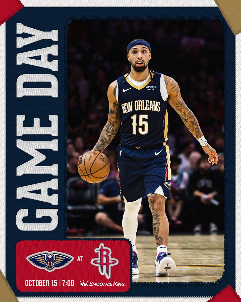 PelicansNBA's tweet photo. Preseason continues in Houston 🚀

📺 » Gulf Coast Sports &amp; Entertainment Network
📻 » @WWLAMFM 

#Pelicans | @SmoothieKing https://t.co/QQo1YIQwHo