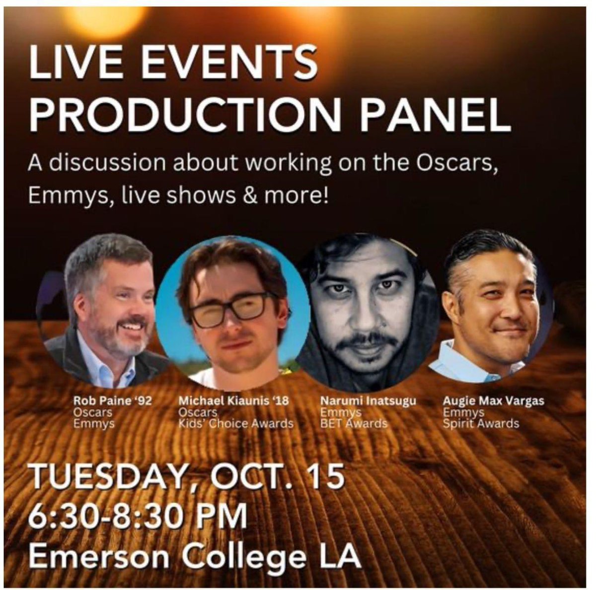 Thanks to Tim Chang and <a href="/EmersonCollege/">Emerson College</a> LA for inviting me to participate in their Live Events Production Panel along with my friends Narumi Inatsugu, Michael Kiaunis and the living legend that is Rob Paine. Honored to share space with this group.