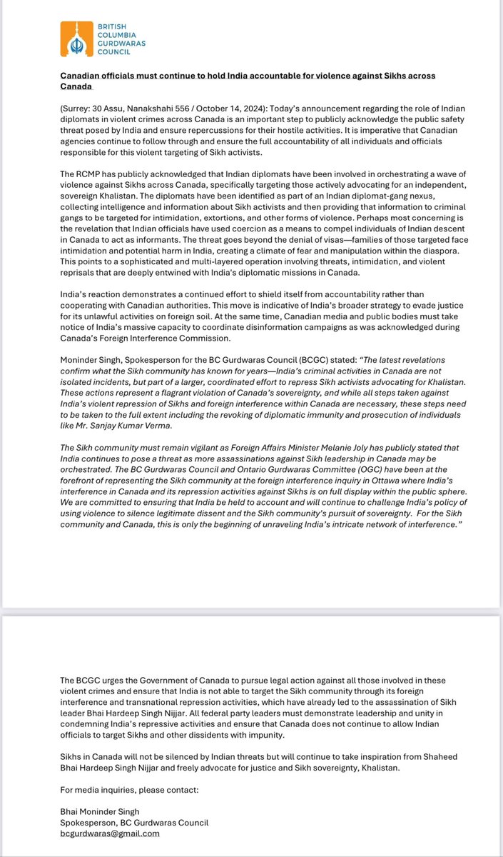 BC Gurdwaras Council Press Release - Canadian Officials must continue to hold India accountable

Today’s announcement regarding the role of Indian diplomats in violent crimes across Canada is an important step to publicly acknowledge the public safety threat posed by India and