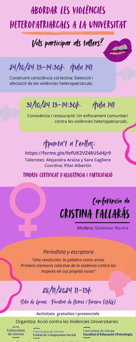 elora1_es's tweet photo. Abordar les violències heteropatriarcals a la universitat.
Tallers i conferència:
🗓24 i 31 d'octubre del 2024.
🕐13-14:30h.
📍@UdGEducacioPsic @univgirona 
Apunta't:  https://t.co/NRoDzDQhyZ… 👇☝️👇☝️👇☝️👇☝️👇☝️
📢28/11/2024  
🕚11-13h.
📍@UdGFacTurisme @univgirona https://t.co/dgriGzXUQg