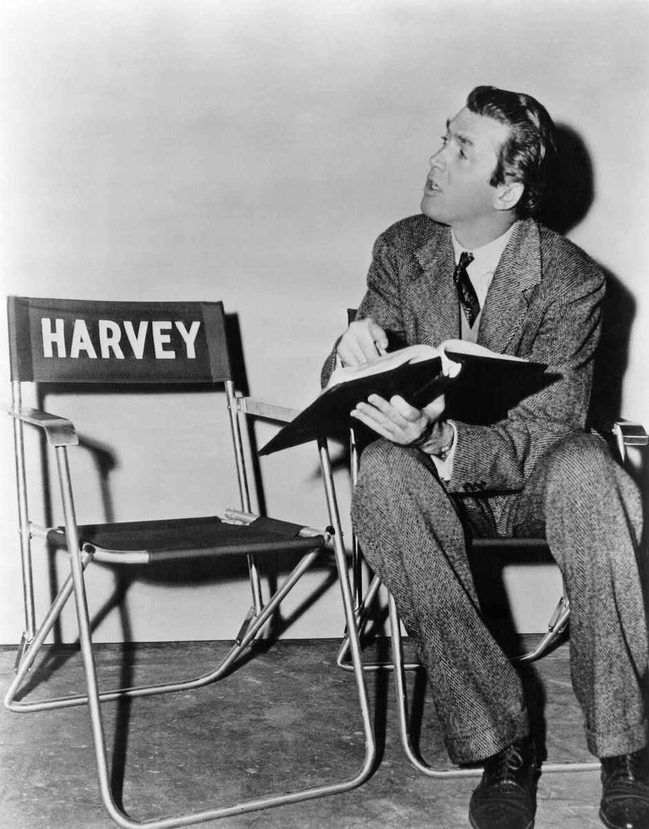 TheOldHollywood's tweet image. James Stewart and his titular co-star chatting on the set of Harvey (1950)