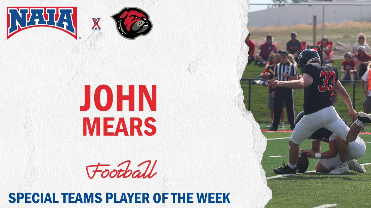 🏈
John Mears is a perfect 32-for-32 on kicks this year and helps @UMWBulldogs continue climbing up the polls while claiming #NAIAFootball Special Teams Player of the Week in the process!     

Learn About It --> naia.prestosports.com/x/wkzgp

#NAIAPOTW #collegefootball