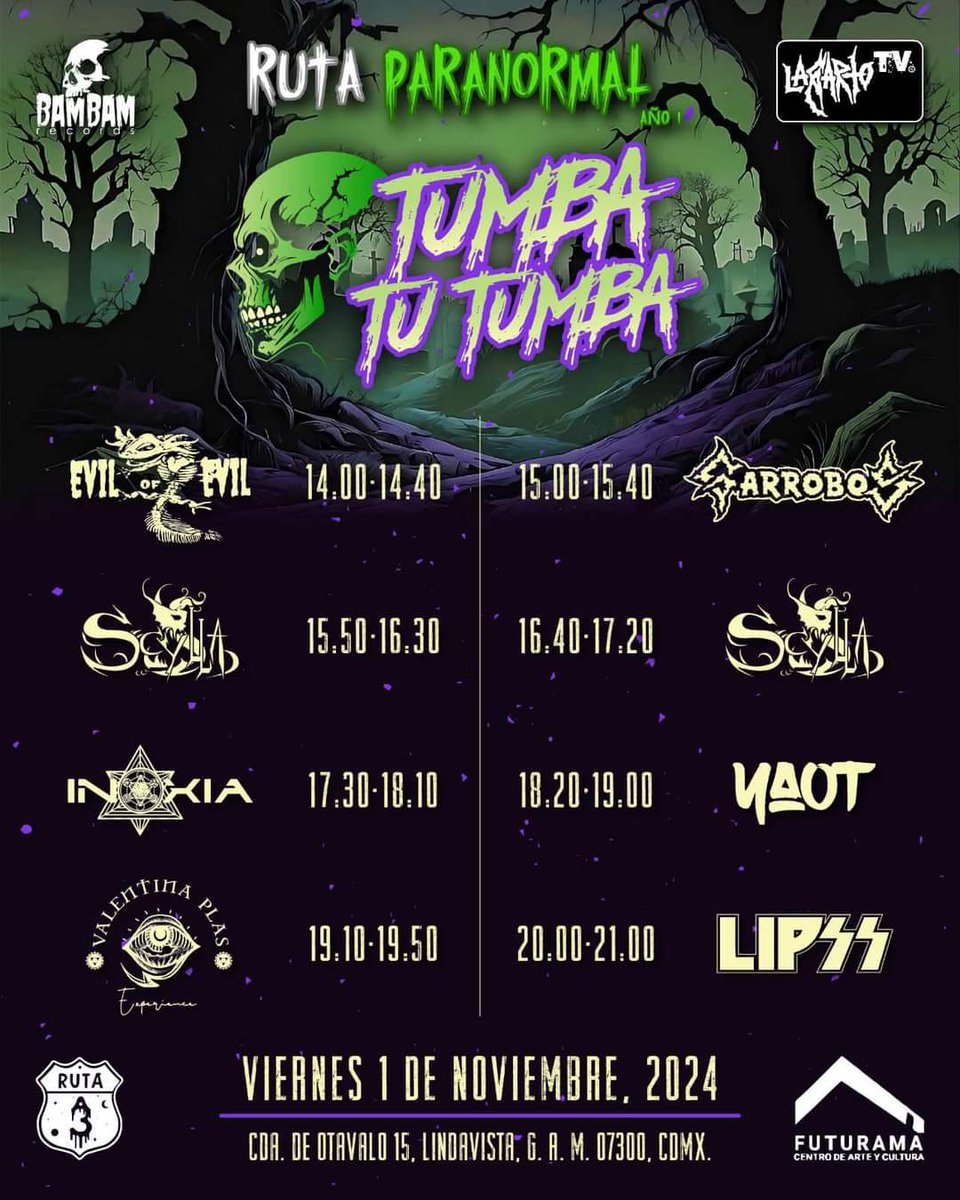 𝐓𝐔𝐌𝐁𝐀 𝐓𝐔́ 𝐓𝐔𝐌𝐁𝐀
Prepárate para una tarde de metal y lo mejor de la ruta paranormal.  

Viernes 𝟬𝟭 𝗱𝗲 𝗻𝗼𝘃𝗶𝗲𝗺𝗯𝗿𝗲  el <a href="/CentroFuturama/">CentroCulturalFuturama</a>, estaremos   junto a <a href="/GarrobosOficial/">Garrobos</a>, <a href="/ValePlascencia/">Valentina Plas</a> , #Yaot  y muchas más!

𝐄𝐍𝐓𝐑𝐀𝐃𝐀 𝐋𝐈𝐁𝐑𝐄