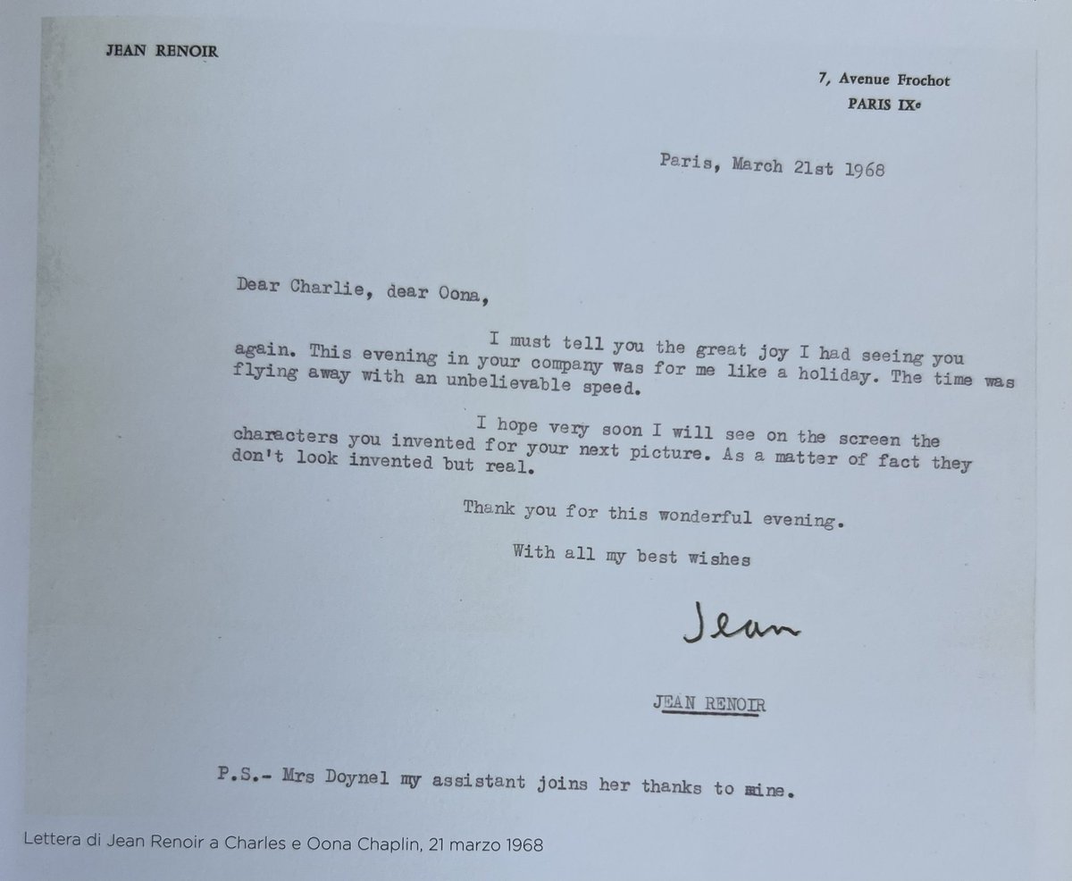 Letter from Renoir to Chaplin about Chaplin's unfinished film The Freak, 1968
