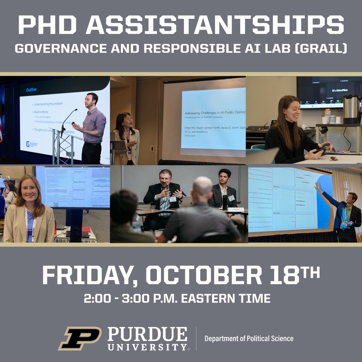 Please join a virtual chat with <a href="/kaylynjackson/">Kaylyn Jackson Schiff</a>
and <a href="/Dan_Schiff/">Daniel Schiff</a> to learn more about Purdue’s #PoliticalScience PhD program and the opportunity to become a graduate research assistant in their Governance and Responsible AI Lab (GRAIL). RSVP: tinyurl.com/4brw5tms.