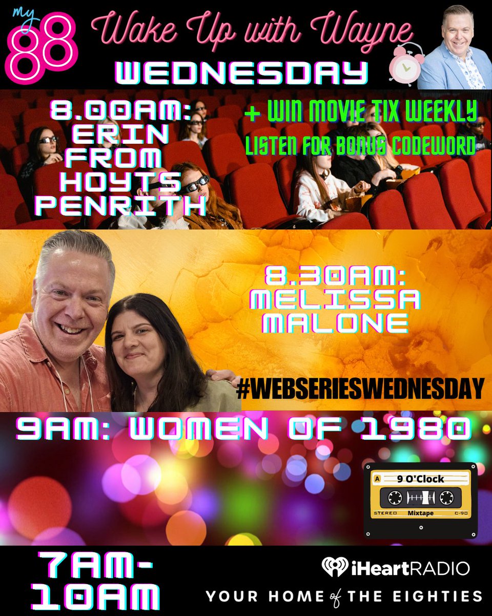 My88_FM's tweet photo. Tomorrow on brekky:
8am: Erin from Hoyts Australia Penrith + a bonus codeword for our movie comp
8.30am: #WebSeriesWednesday with Melissa Malone of Outtake Productions
#9OClockMixTape: Women of 1980 - who do you think we'll play?
Stream: https://t.co/bqfAV4r1N5 https://t.co/depYNqOgKs