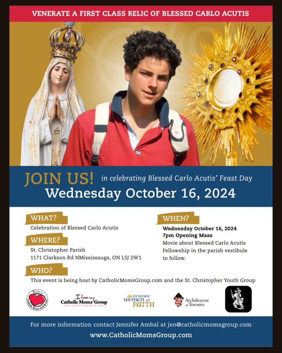 Join us this Wednesday to venerate a first class relic of #BlessedCarloAcutis <a href="/stchris_dpcdsb/">StChris_DPCDSB</a> <a href="/StHelenDPCDSB/">St. Helen DPCDSB</a> <a href="/STLOUISdpcdsb/">St. Louis DPCDSB</a> <a href="/StLukeDPCDSB/">StLukeDPCDSB</a> <a href="/archtoronto/">Archdiocese of Toronto</a> <a href="/ocytoronto/">OCY Toronto</a>