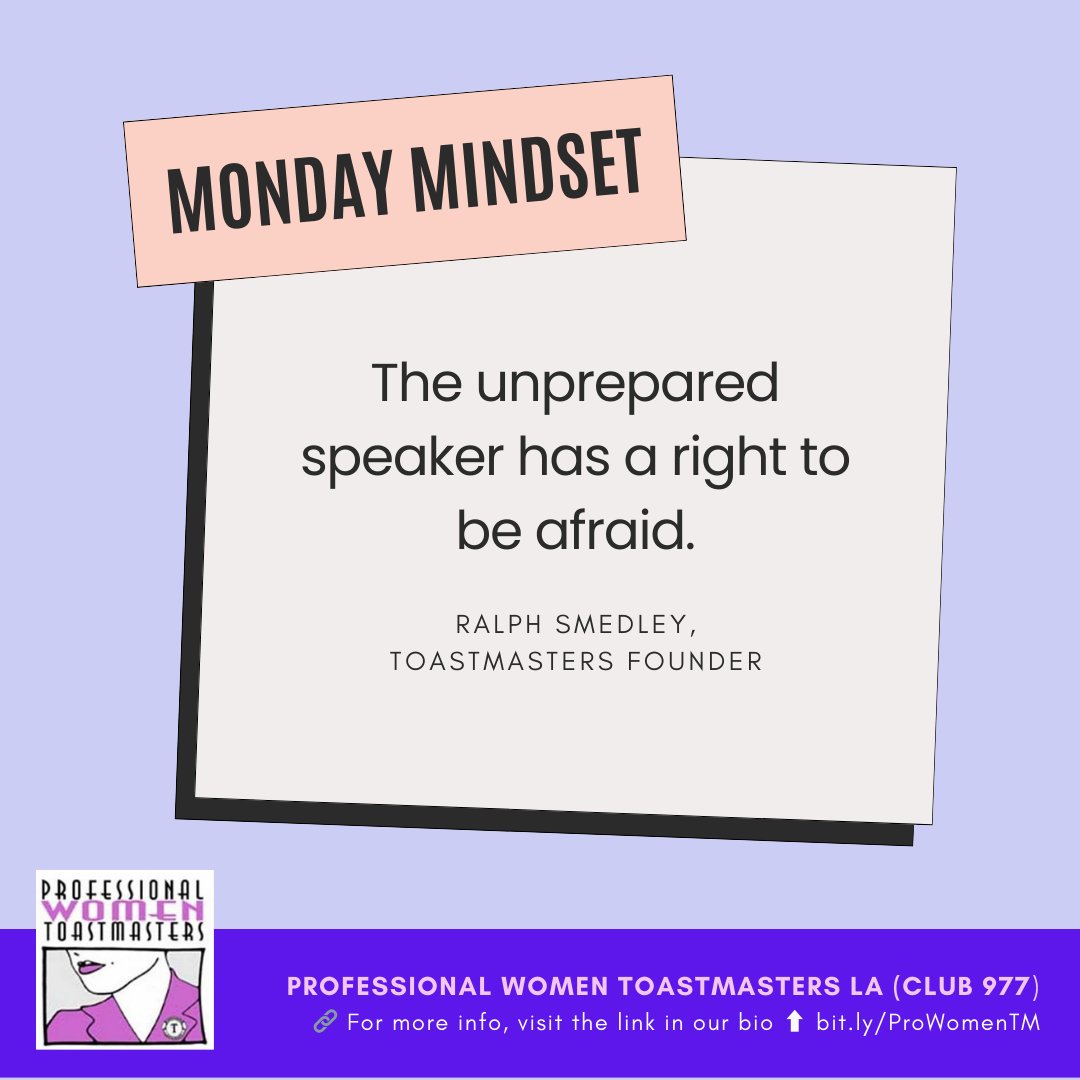 PWToastmasters's tweet image. Monday Mindset: "The unprepared speaker has a right to be afraid." – Ralph Smedley 💪
This Thursday, we’re tackling Overcoming Fears at our in-person meeting. Want to join? DM for more info!
🗓 7-8:30 PM at Culver City Senior Center.
#Toastmasters #PublicSpeaking #PersonalGrowth