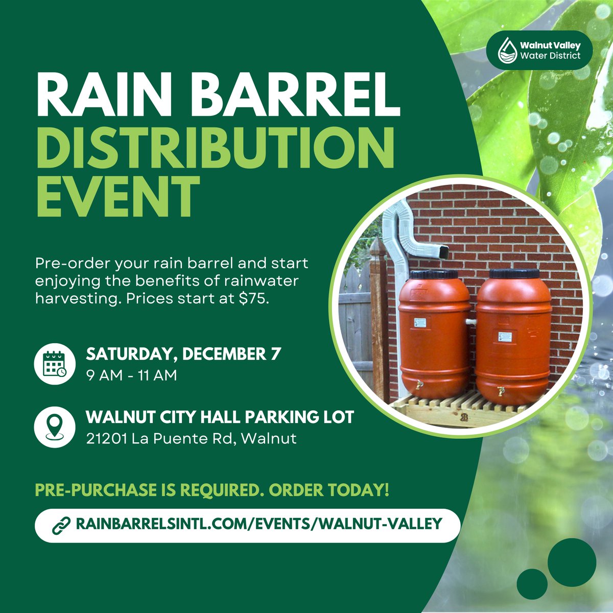 Get ready for the rainy season! 🌧️ We’re teaming up with Rain Barrels International for convenient pick-up of pre-purchased rain barrels. Mark your calendars and secure yours today!
🔗Order at rainbarrelsintl.com/events/walnut-…