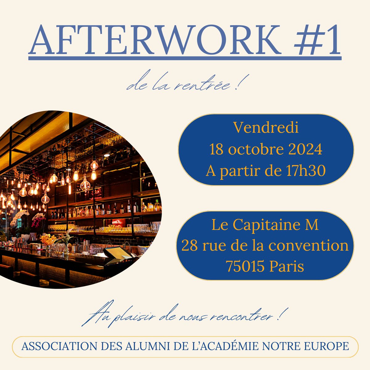Alumni de l'Académie Notre Europe (@alumni_ane) on Twitter photo 🎉 Rejoignez-nous pour le tout premier afterwork 2024-25 des <a href="/Alumni_ANE/">Alumni de l'Académie Notre Europe</a> à Paris ! 📍
🗓 Date : Vendredi 18 octobre, après la première session de l'<a href="/AcademieNE/">Académie Notre Europe</a>
Un moment convivial pour échanger, réseauter et partager nos idées 🇪🇺🤝
#AcadémieNotreEurope #Alumni #Networking #ANE 🎉 Rejoignez-nous pour le tout premier afterwork 2024-25 des <a href="/Alumni_ANE/">Alumni de l'Académie Notre Europe</a> à Paris ! 📍
🗓 Date : Vendredi 18 octobre, après la première session de l'<a href="/AcademieNE/">Académie Notre Europe</a>
Un moment convivial pour échanger, réseauter et partager nos idées 🇪🇺🤝
#AcadémieNotreEurope #Alumni #Networking #ANE