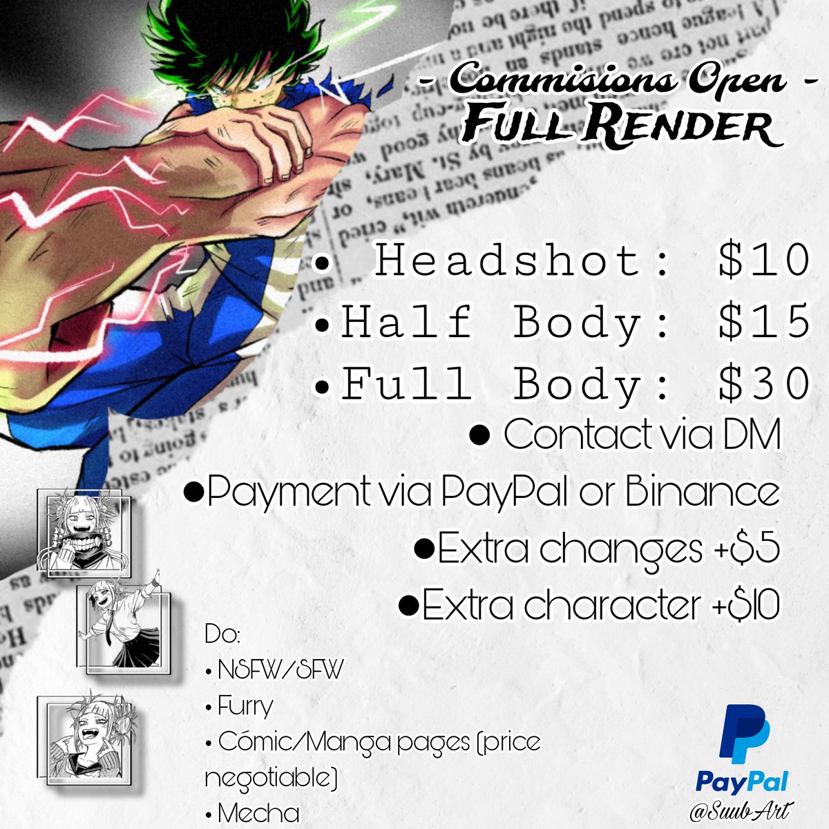 SuubArt's tweet photo. ✨ ¡Commissions open!✨ (1/5)

All information and prices are below!

RT, Likes and Follow are very helpful for more people to see my post! Thank you very much~ 💕

#anime #commisionsopen #art #ArtInspiration #anime #artmoots #moots #CommissionedArt #artpiece #commissionart https://t.co/MyTyPfIHrR