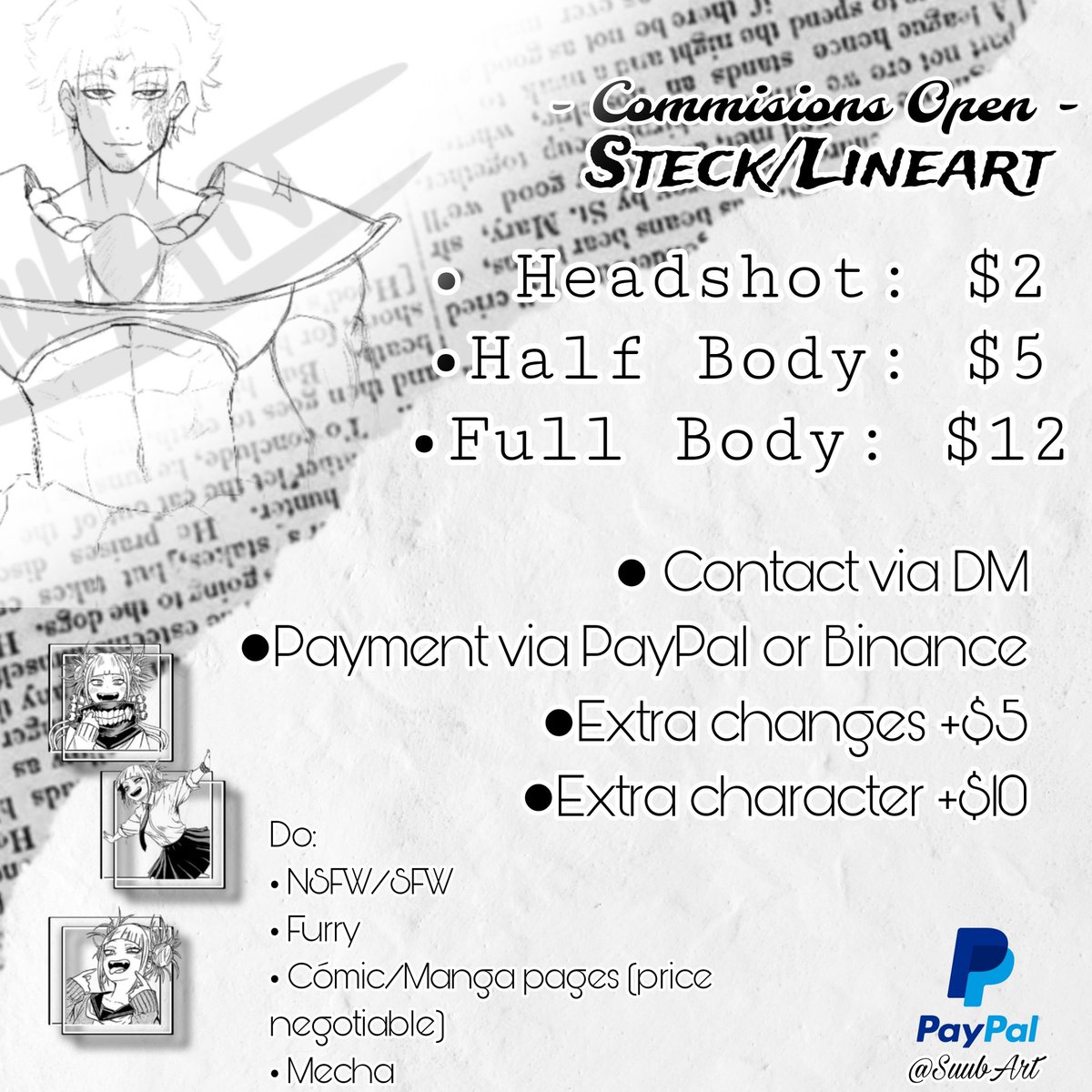 SuubArt's tweet photo. ✨ ¡Commissions open!✨ (1/5)

All information and prices are below!

RT, Likes and Follow are very helpful for more people to see my post! Thank you very much~ 💕

#anime #commisionsopen #art #ArtInspiration #anime #artmoots #moots #CommissionedArt #artpiece #commissionart https://t.co/MyTyPfIHrR