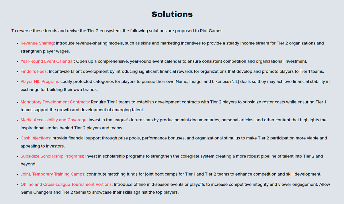 The Americas VALORANT Players Association has called on Riot Games to fix Tier 2 before its too late

The following Solutions have been proposed to Riot Games:

- Revenue Sharing
- Year-Round Event Calendar
- Finder's Fee
- Player NIL Program 
- Mandatory Development Contracts 
-