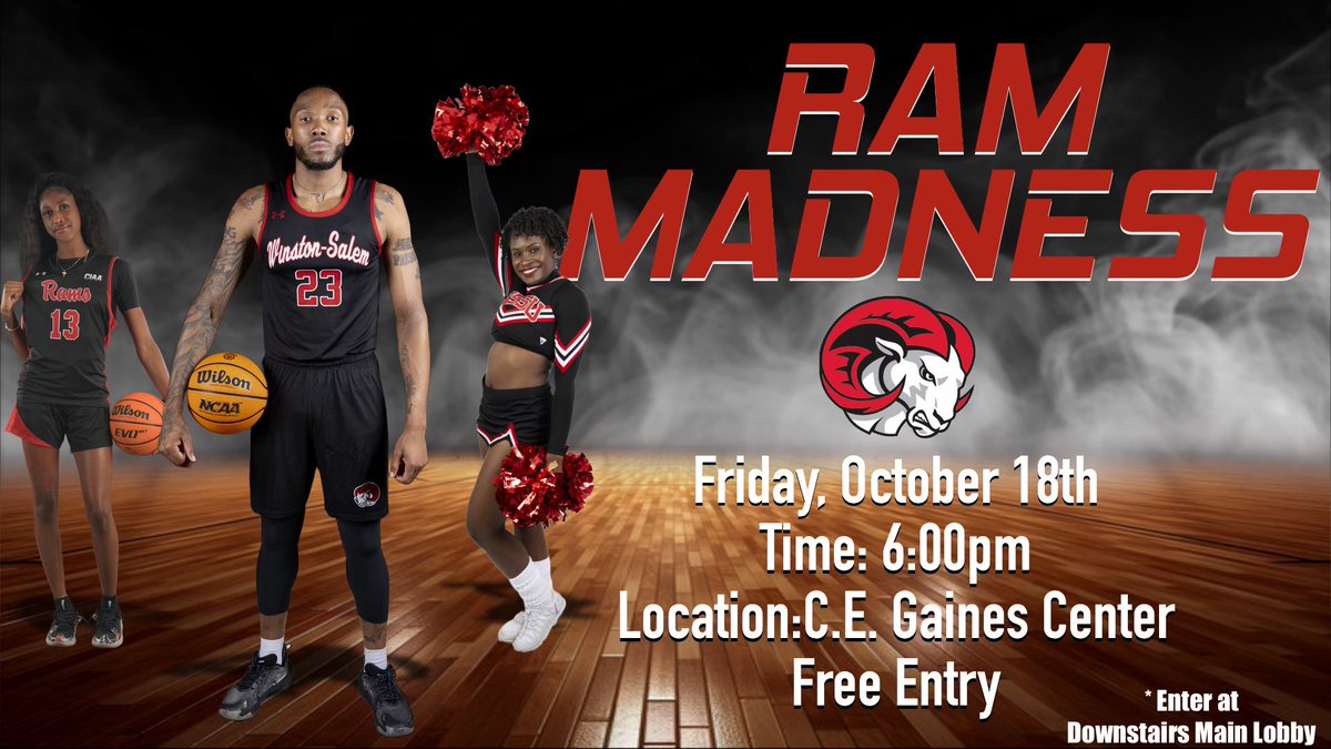 Get ready to meet our Men and Women’s basketball teams at this year’s RAM MADNESS🐏‼️

Doors open @ 5:30pm
Free Entry
Please enter through the main lobby downstairs 

 #RamMadness #MeetTheTeams #GameTime #GoRams #wssu