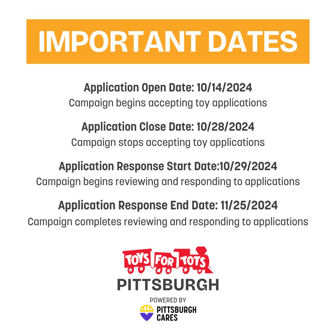 Applications are now live for Pittsburgh's Toys for Tots 2024! pittsburgh-pa.toysfortots.org

#ToysforTotsPittsburgh #ToysforTots2024 #TFTPittsburgh #PittsburghVolunteers