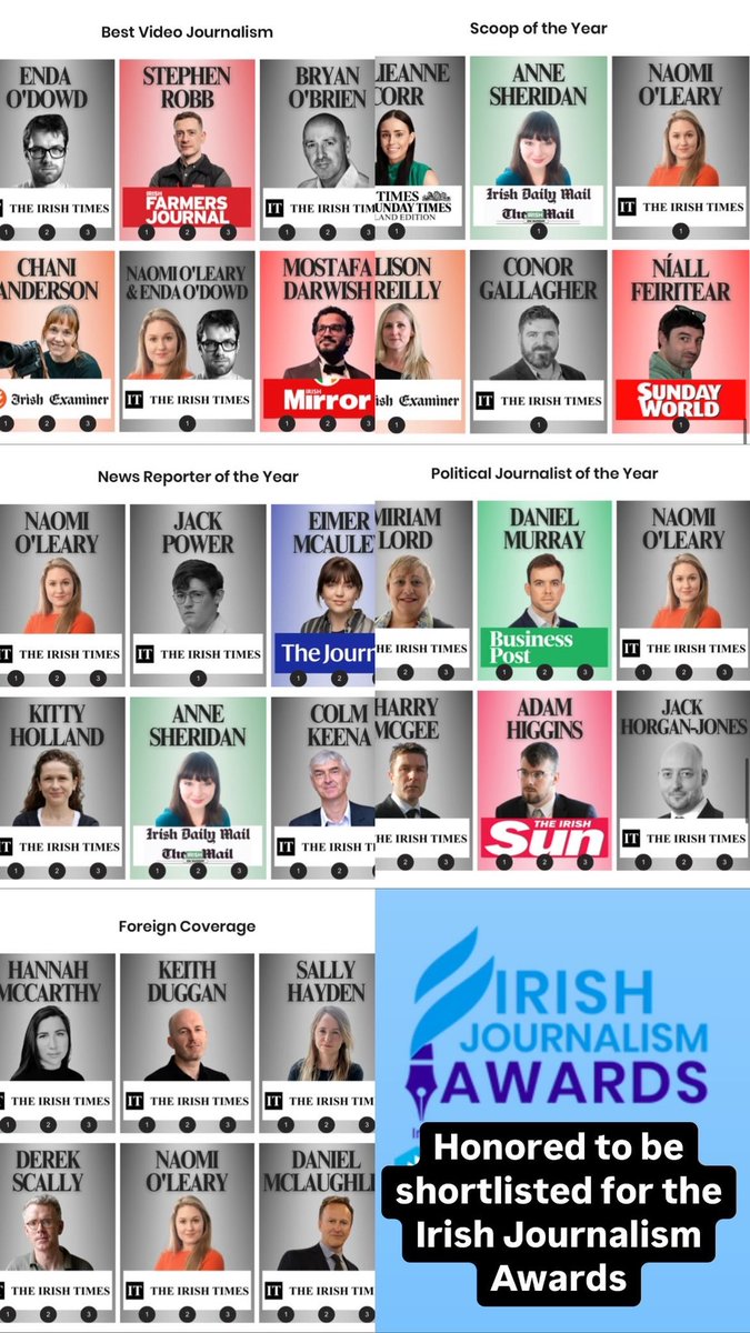 Honoured to be shortlisted in the political, news, foreign, video, and scoop of the year categories in the Irish Journalism Awards. 
Links to all the shortlisted stories are here irishjournalismawards.ie/shortlist-2024
Congrats to all and good luck