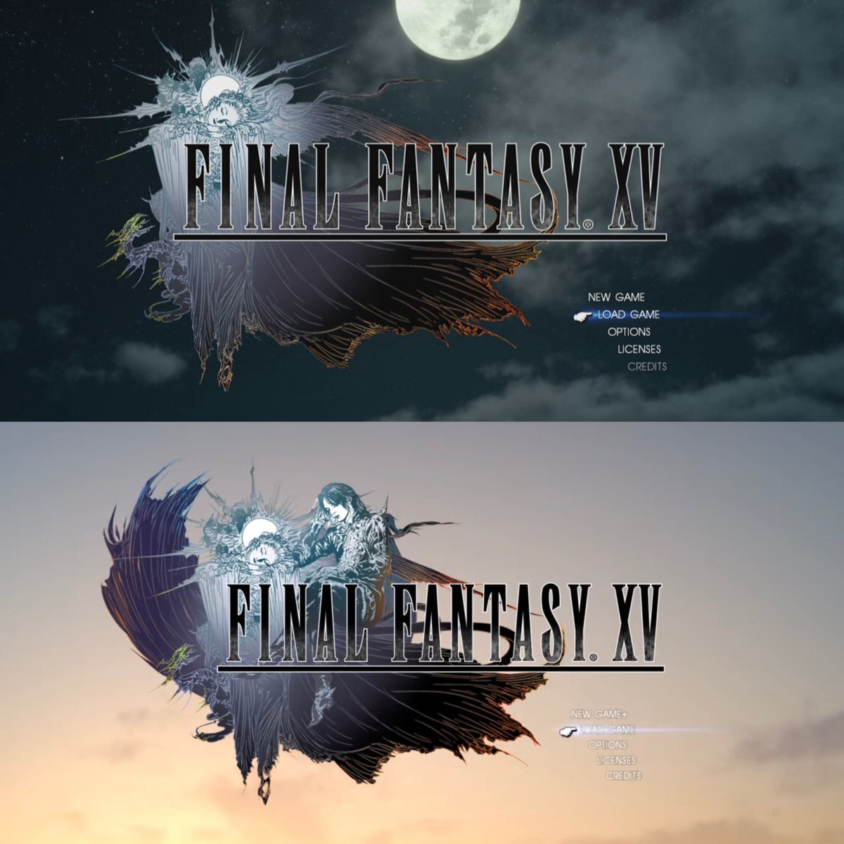 cIoudgf's tweet photo. cried when the ffxv title screen changed after completing the game from luna with a night sky while somnus is playing to her &amp; noctis with the sunrise accompanied by his theme https://t.co/VI62GCwky4