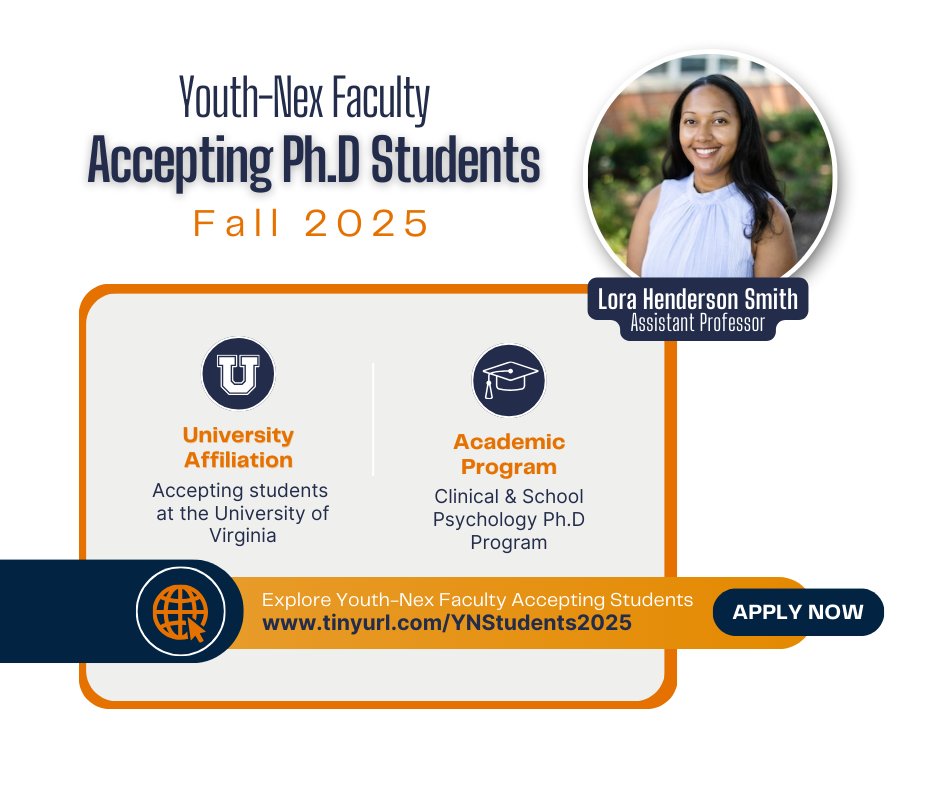 Youth-Nex (@youth_nex) on Twitter photo Our <a href="/LoraJ_PhD/">Lora Henderson Smith</a> is accepting new #students this year! Interested in #ClinicalPsychology & #SchoolPsychology? Be #mentored by Dr. Smith as she uses #MixedMethods & participatory #research approaches in her work. Learn more about her areas of focus -> youthnexdrive.virginia.edu/lora-henderson… Our <a href="/LoraJ_PhD/">Lora Henderson Smith</a> is accepting new #students this year! Interested in #ClinicalPsychology & #SchoolPsychology? Be #mentored by Dr. Smith as she uses #MixedMethods & participatory #research approaches in her work. Learn more about her areas of focus -> youthnexdrive.virginia.edu/lora-henderson…