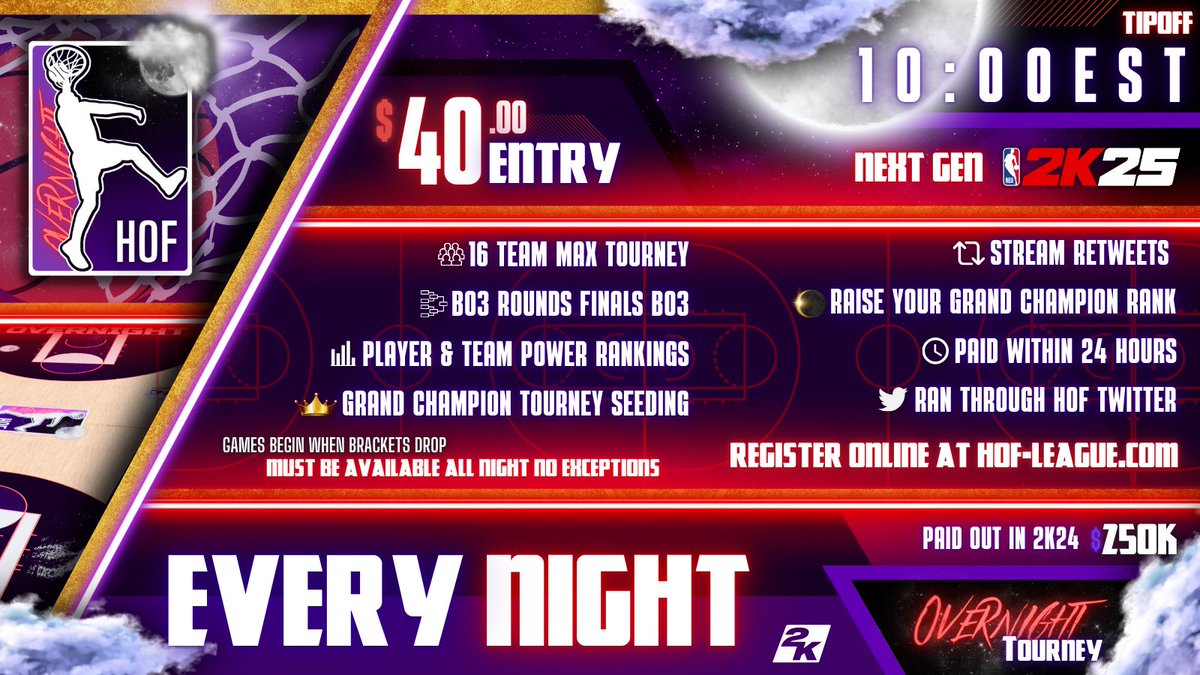 HOFLeague2K's tweet photo. 🌒 OVN registration is live!
💰$40 Team Entry
🚨 Sign-ups are due by 9:50 PM EST
🏀Brackets drop at 10:00 PM EST
🔘Rounds BO3 through finals/15 min grace period
▶️ Register: https://t.co/NQagVpdmoy
@DangerrFT @DirtyGraphics @iNetworkSports #OVN https://t.co/JnKCjyIQ5E