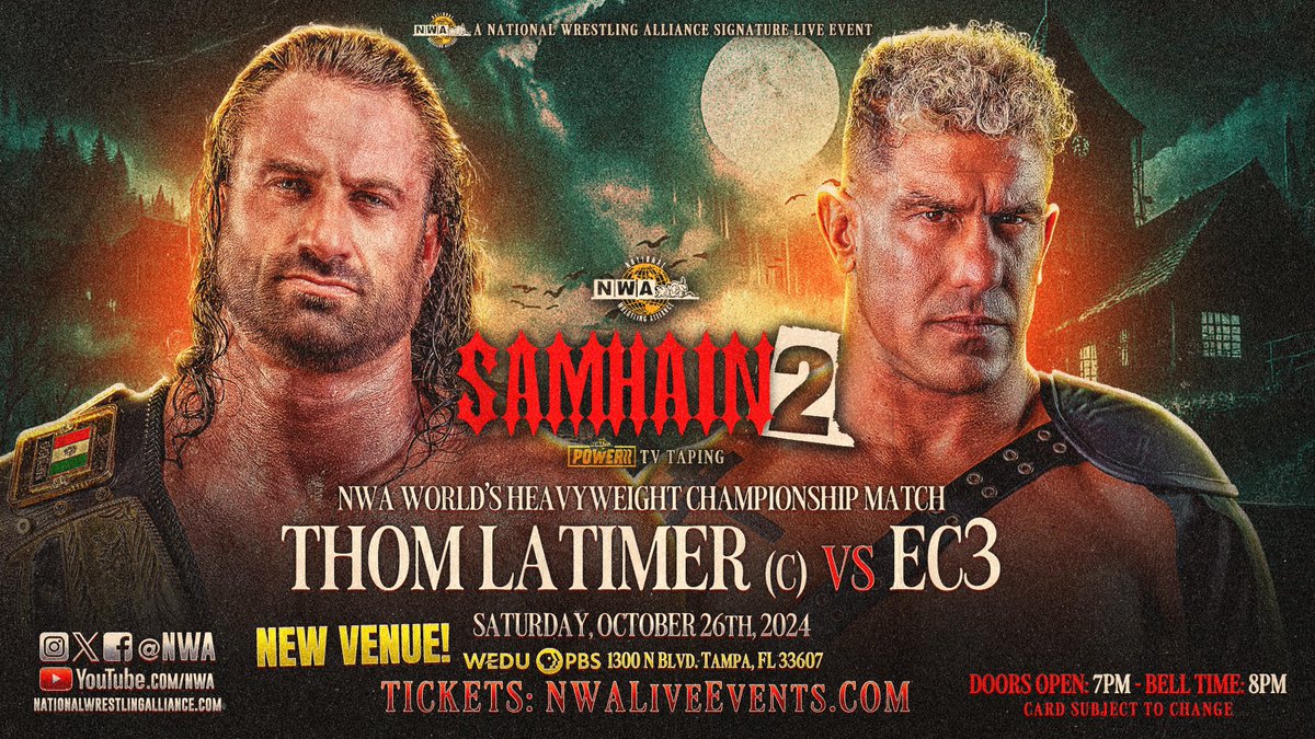 The Worlds Heavyweight Championship will be on the line at SAMHAIN 2! 

The rivalry continues as Thom Latimer defends against former Champion, the overMAN, EC3! Get up close and personal for this epic showdown at the NEW location in Tampa, FL! 

TICKETS: eventbrite.com/e/new-venue-nw…