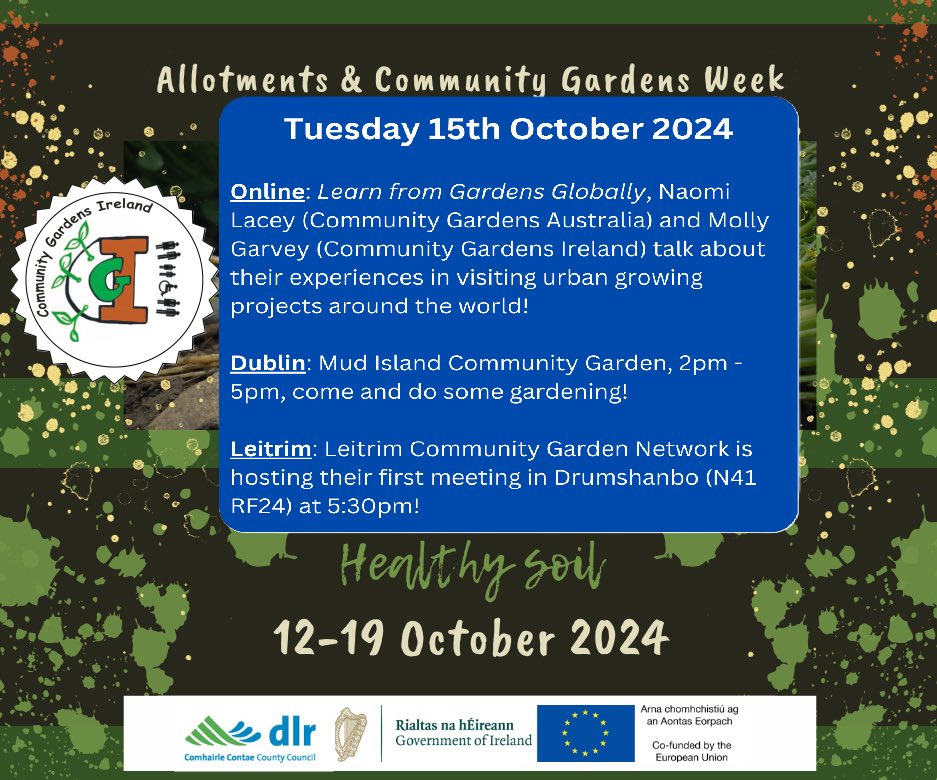 Tuesday’s events for #NationalAllotmentsWeek #NationalCommunityGardensWeek #HealthySoil   

<a href="/DubCommGrowers/">DCG</a> <a href="/island_mud/">MudIsland</a> <a href="/ComGardensAust/">Community Gardens Australia</a> <a href="/IrishEnvNet/">Irish Enviro Network</a> <a href="/leitrimdevco/">Leitrim Development Company. 🇮🇪🇪🇺🇺🇦🇵🇸</a> <a href="/WHO_Europe_HCN/">Healthy Cities Network</a> <a href="/EurCityFarms/">European Federation of City Farms</a> <a href="/URBACT_IE/">URBACT & European Urban Initiative in Ireland</a> 

More details here: cgireland.org/planned-events…