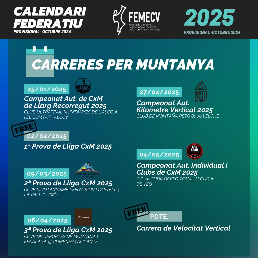 Calendari 2025 #femecv de carreres per muntanya 
Campionats autonòmics de Lliga, Absolut individual i per clubs, ultra i vertical. #correrxmuntanya #20anys20
