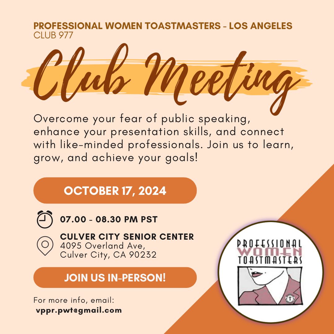 PWToastmasters's tweet image. 🔥 In-Person Meeting: Overcoming Fears! 💪
This Thursday, we’re tackling public speaking fears and building confidence. Join us from 7-8:30pm at the Culver City Senior Center (g.co/kgs/yX5UVyJ). DM us to RSVP—we’d love to see you there!
#Toastmasters #OvercomingFears
