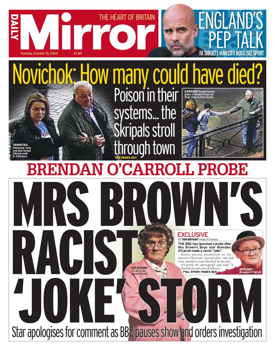 Tuesday's front page: Mrs Brown's racist joke storm

#TomorrowsPapersToday

mirror.co.uk/tv/tv-news/mrs…