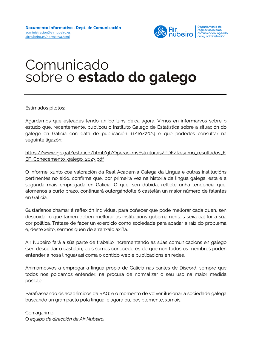 airnubeirova's tweet photo. 📣 Comunicado oficial

Desde Air Nubeiro queremos amosar a nosa postura respecto ás novas dos últimos días e informar sobre as medidas que se adoptarán.

📨 Adx. comunicado oficial ós pilotos e comunidade interesada. https://t.co/xfX73LGPR8