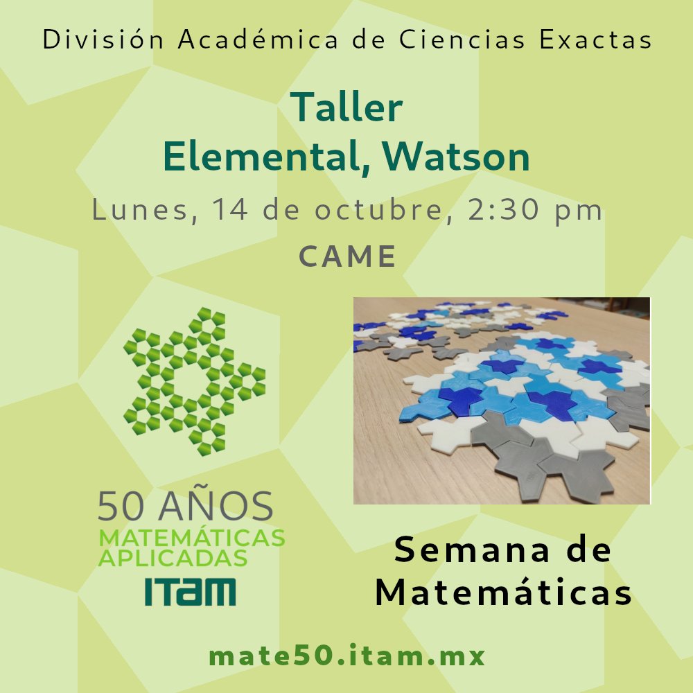 Matemáticas Aplicadas ITAM (@matematicasitam) on Twitter photo Hoy comenzamos las actividades de la Semana de Matemáticas con una conferencia y con el taller de desafíos y conjeturas.
!Consulta la programación en mate50.itam.mx y participa!
<a href="/ITAMuniversity/">ITAM University</a>, <a href="/ITAM_mx/">ITAM</a> Hoy comenzamos las actividades de la Semana de Matemáticas con una conferencia y con el taller de desafíos y conjeturas.
!Consulta la programación en mate50.itam.mx y participa!
<a href="/ITAMuniversity/">ITAM University</a>, <a href="/ITAM_mx/">ITAM</a>
