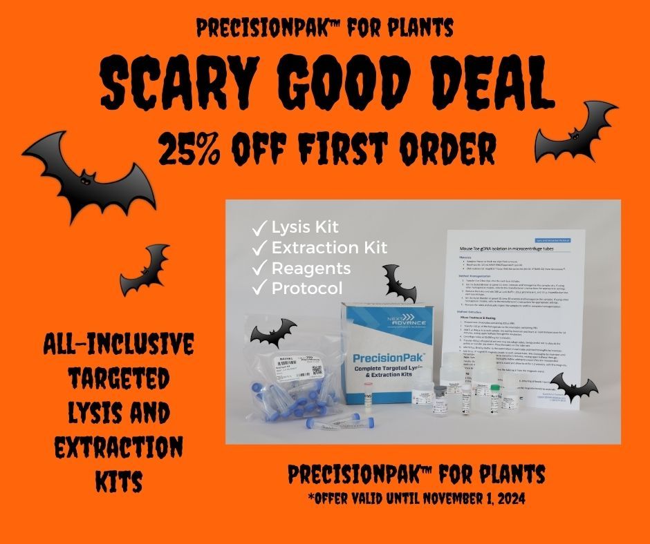 Have we got a Halloween treat for you... 25% off PrecisionPak™ for Plants! Everything you need, all in one box. Lysis and extraction kits, along with a customized protocol optimized to extract DNA for your specific plant matter. Includes the required homogenization/lysis kits to