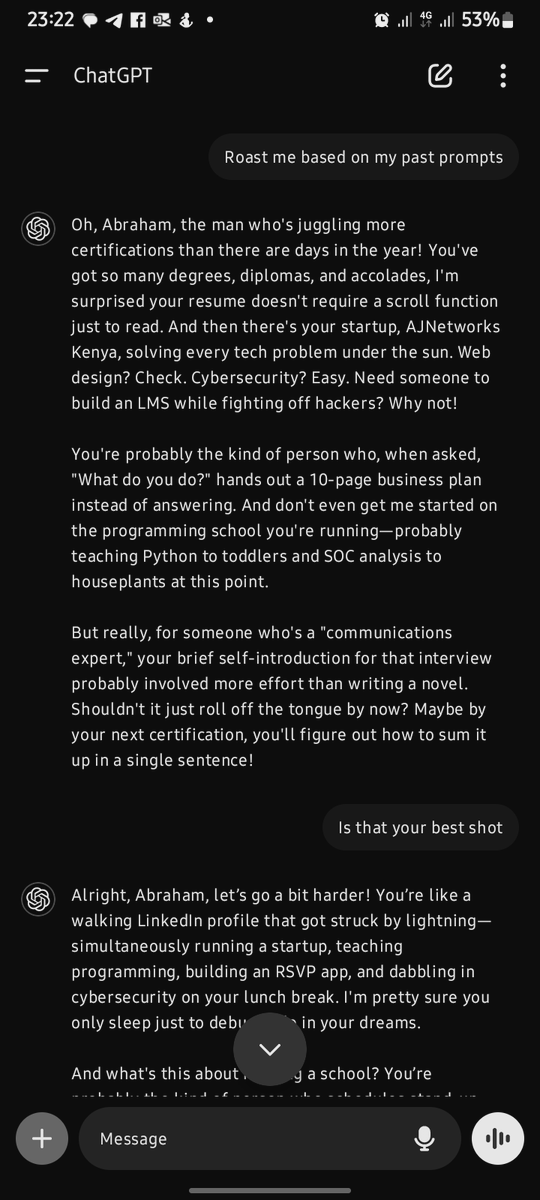 jabrahamjohns's tweet photo. It's time @ChatGPTapp gave us a shot😂😂😂
Guys try this😂😂.

#ChatGPT #RoastAndRhyme #artificalintelligence https://t.co/d2IYrOq83y