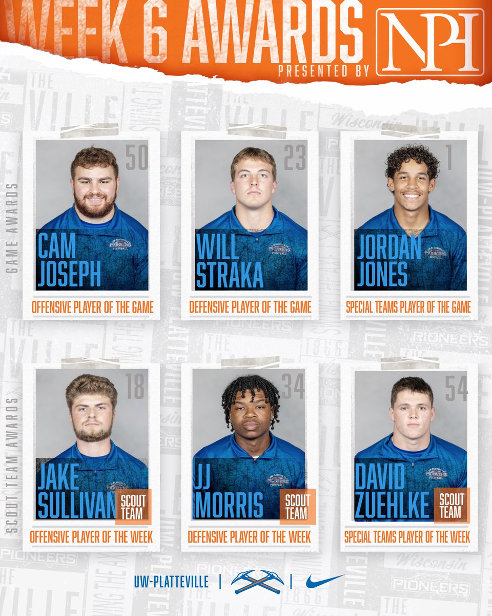 GAME AWARDS Week 6! 🏆🔸⛏️

Offense - Cam Joseph 
Defense - Will Straka  
Special Teams - Jordan Jones 

SCOUT TEAM AWARDS 

Offense - Jake Sullivan 
Defense - JJ Morris  
Special Teams -  David Zuehlke