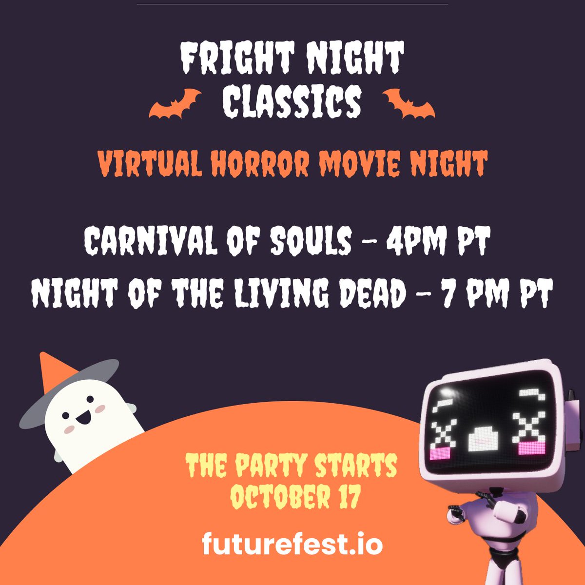 Join us this Thursday for Classic Horror Movie night!

We'll be showing:
- Carnival of Souls @ 4pm PT
- Night of the Living Dead @ 7pm PT

Should be spooky 👻