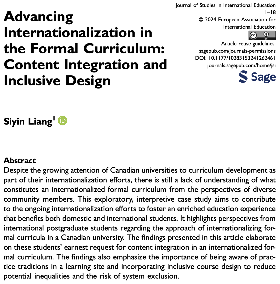 Journal of Studies in International Education (@jsinted) on Twitter photo Advancing internationalization in the formal curriculum: content integration & inclusive design
@SiyinLeung, <a href="/UCalgaryEduc/">Werklund School</a>
šā doi.org/10.1177/102831ā¦
#InternationalizationAtHome #IntlEd #InternationalizationOfTheCurriculum #Canada #InternationalStudents #Internationalization Advancing internationalization in the formal curriculum: content integration & inclusive design
@SiyinLeung, <a href="/UCalgaryEduc/">Werklund School</a>
šā doi.org/10.1177/102831ā¦
#InternationalizationAtHome #IntlEd #InternationalizationOfTheCurriculum #Canada #InternationalStudents #Internationalization