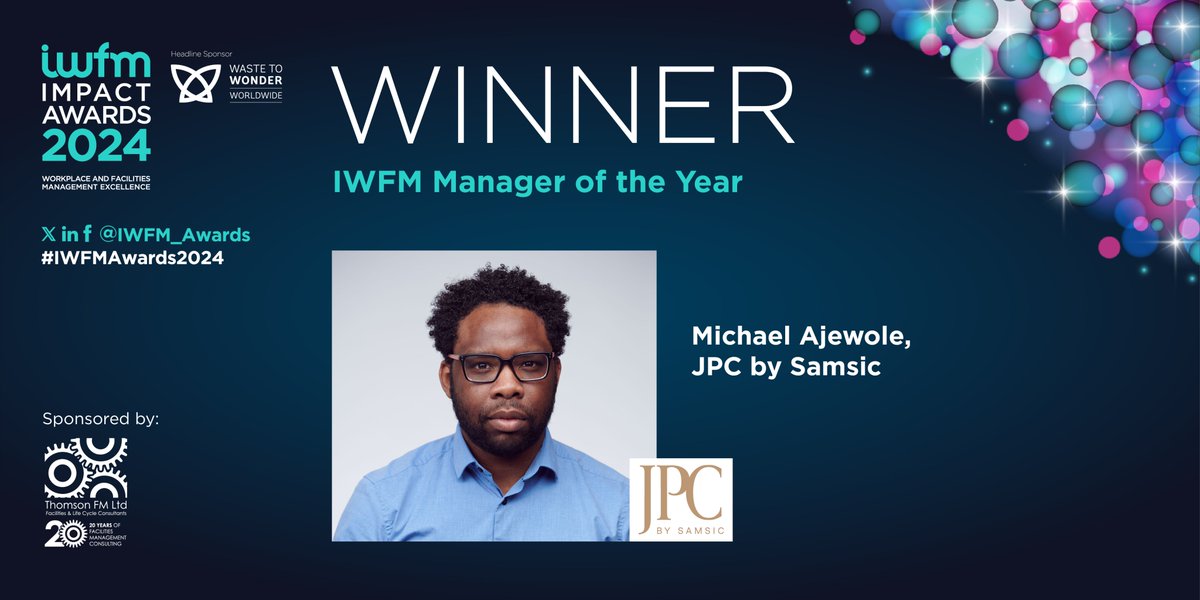 The penultimate category to announce tonight is IWFM Manager of the Year, sponsored by <a href="/ThomsonFM/">Thomson FM Limited</a>. Congratulations to #IWFMWinner Michael Ajewole, JPC by Samsic <a href="/JPCbySamsic/">JPC by Samsic</a>! #IWFMAwards2024
