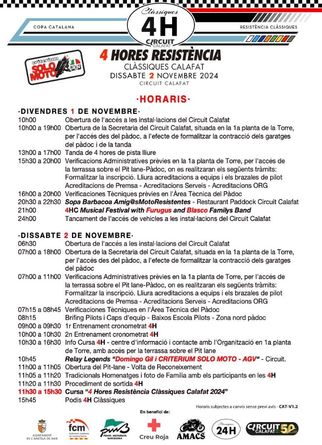 24HPMB's tweet photo. 📢📢📢Horaris ⏱️Copa Catalana Resistència 🏍️Clàssiques @24HPMB @FCMotociclisme a @CircuitCalafat,🏁 Homenatge a Domingo Gil, guanyador del I Criterium @solomoto_es
1978. @CreuRojaCAT @ajametllamar https://t.co/WOazEsWyOT