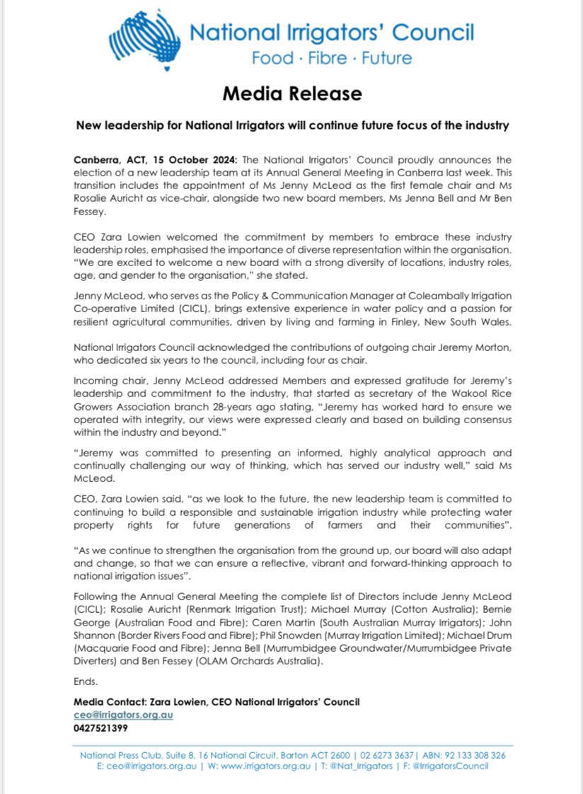 Nat_Irrigators's tweet image. Media Release - 📣📣 We thank @Jeremy_Morton_ as chair and for his guidance through difficult times. The leadership last week was passed onto Jenny McLeod, our first female chair, a considered, experienced policy advocate and Finley irrigator #newteam #foodfibrefuture